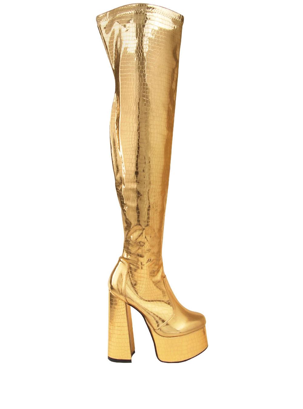 Women's golden metallic over the knee high boot heels with side zipper closure-side view