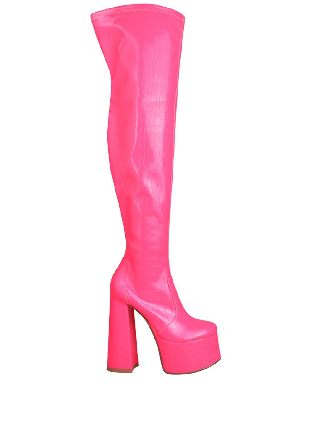 Pink-colored over-the-knee high boot heels for women with a side zipper closure-side view