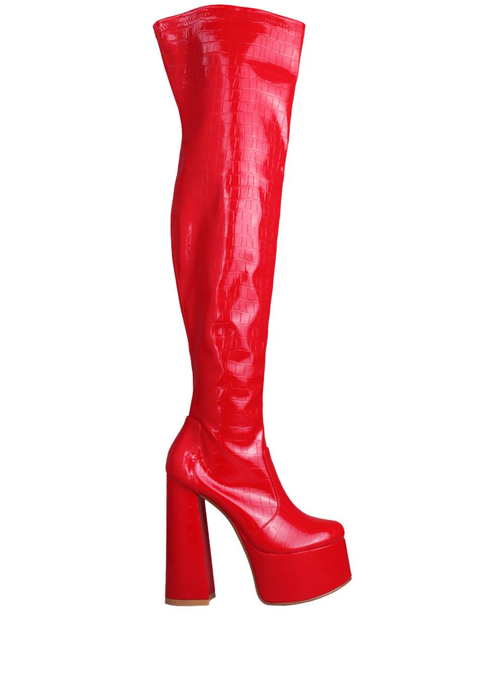 Ladies shinning red-colored over-the-knee high boot heels with a side zipper closure-side view