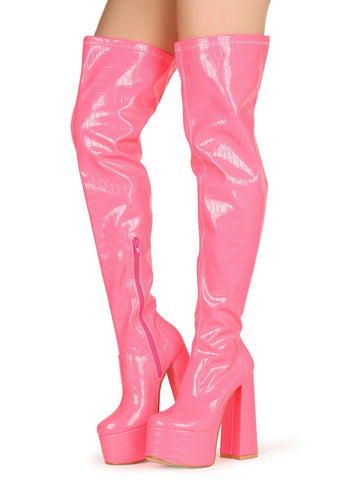 Pink-colored over-the-knee high boot heels for women with a side zipper closure