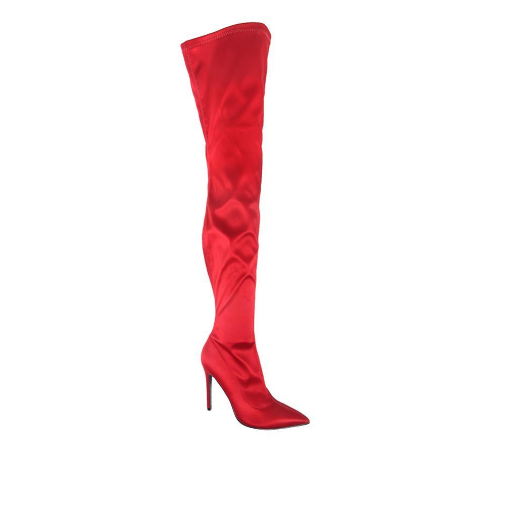 Red-colored over-the-knee boot heels for ladies with pointed toes and zipper