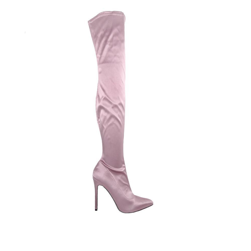 Women's rose-colored over-the-knee boot heels with a side zipper closure