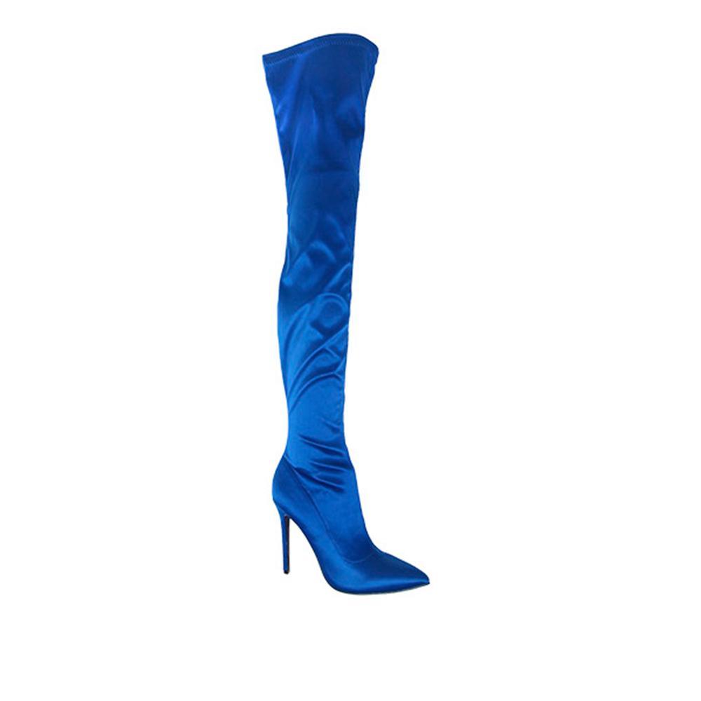 Women's over-the-knee boot heels in blue color with a side zipper closure