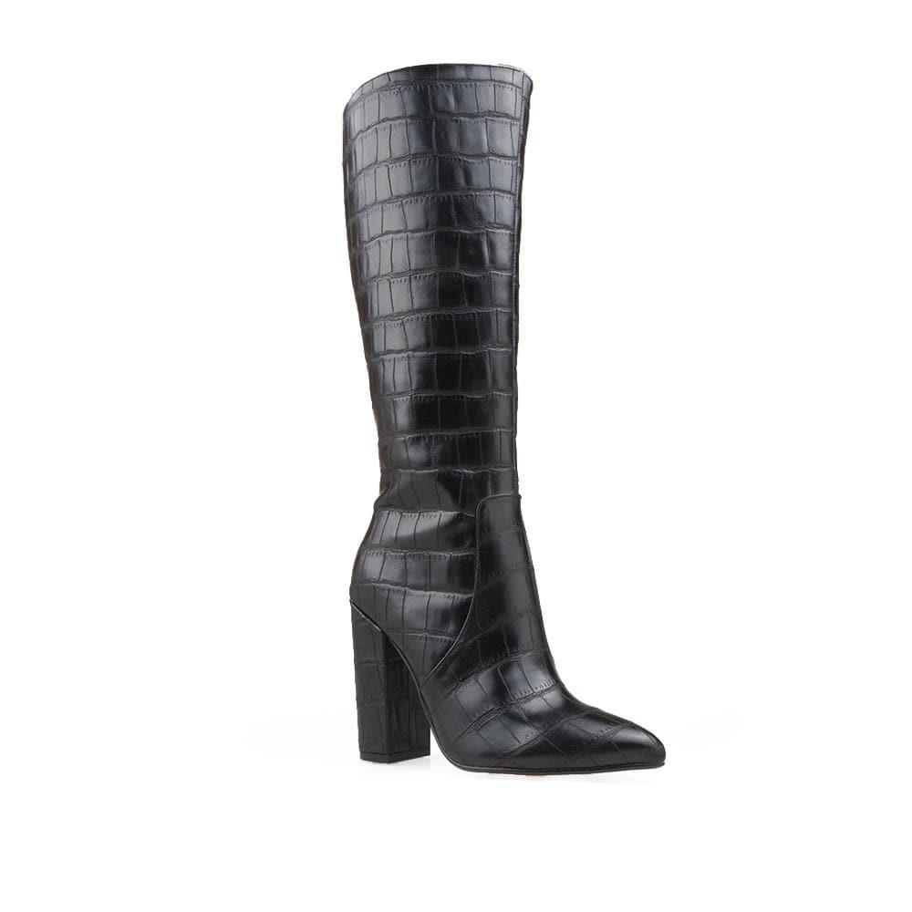 Black-colored women's knee high boots with crocodile skin and block heels-corner view