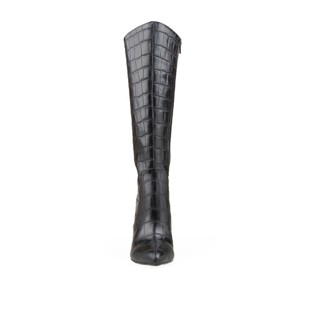 Black-colored women's knee high boots with crocodile skin and block heels-front view