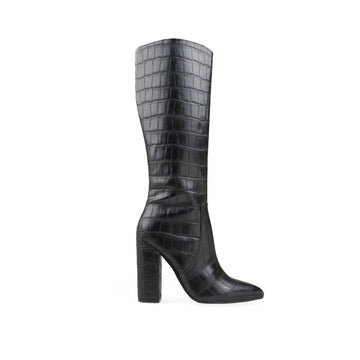 Black-colored women's knee high boots with crocodile skin and block heels-side view