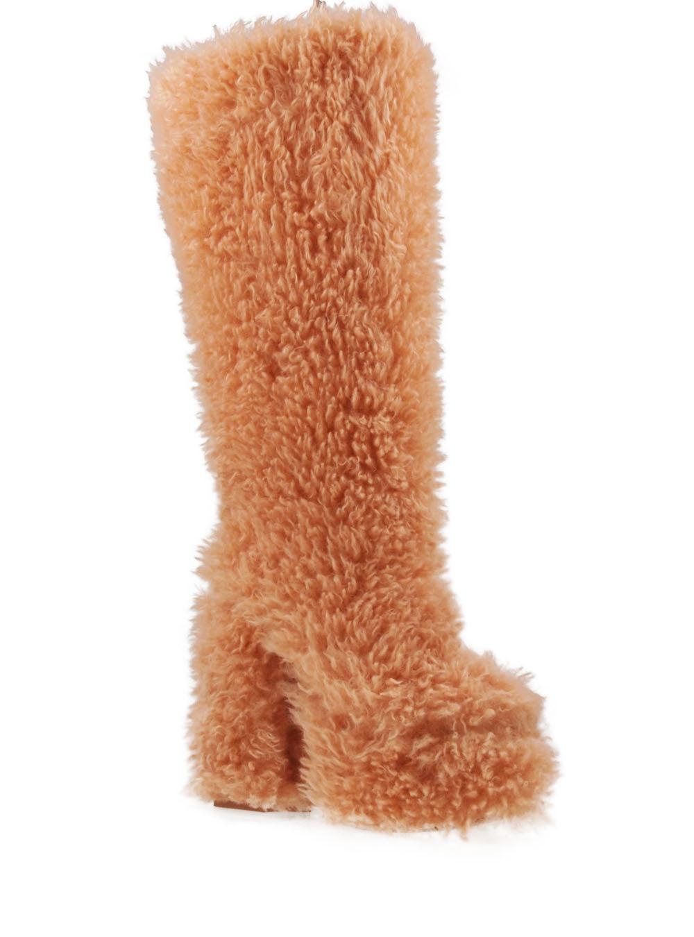 Tan-colored slip-on knee high boots with shearling top and block heels for women-corenr view