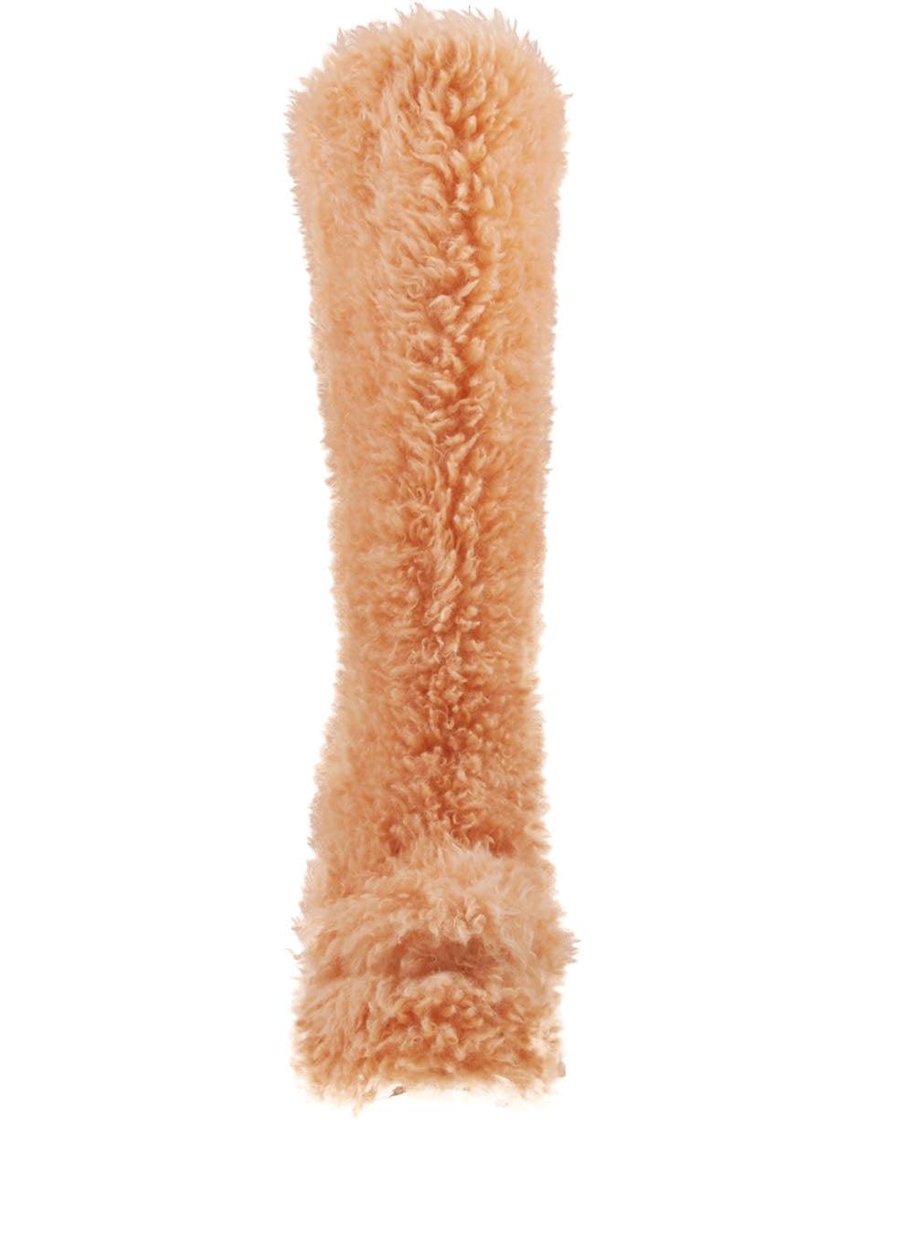 Tan-colored slip-on knee high boots with shearling top and block heels for women--front view