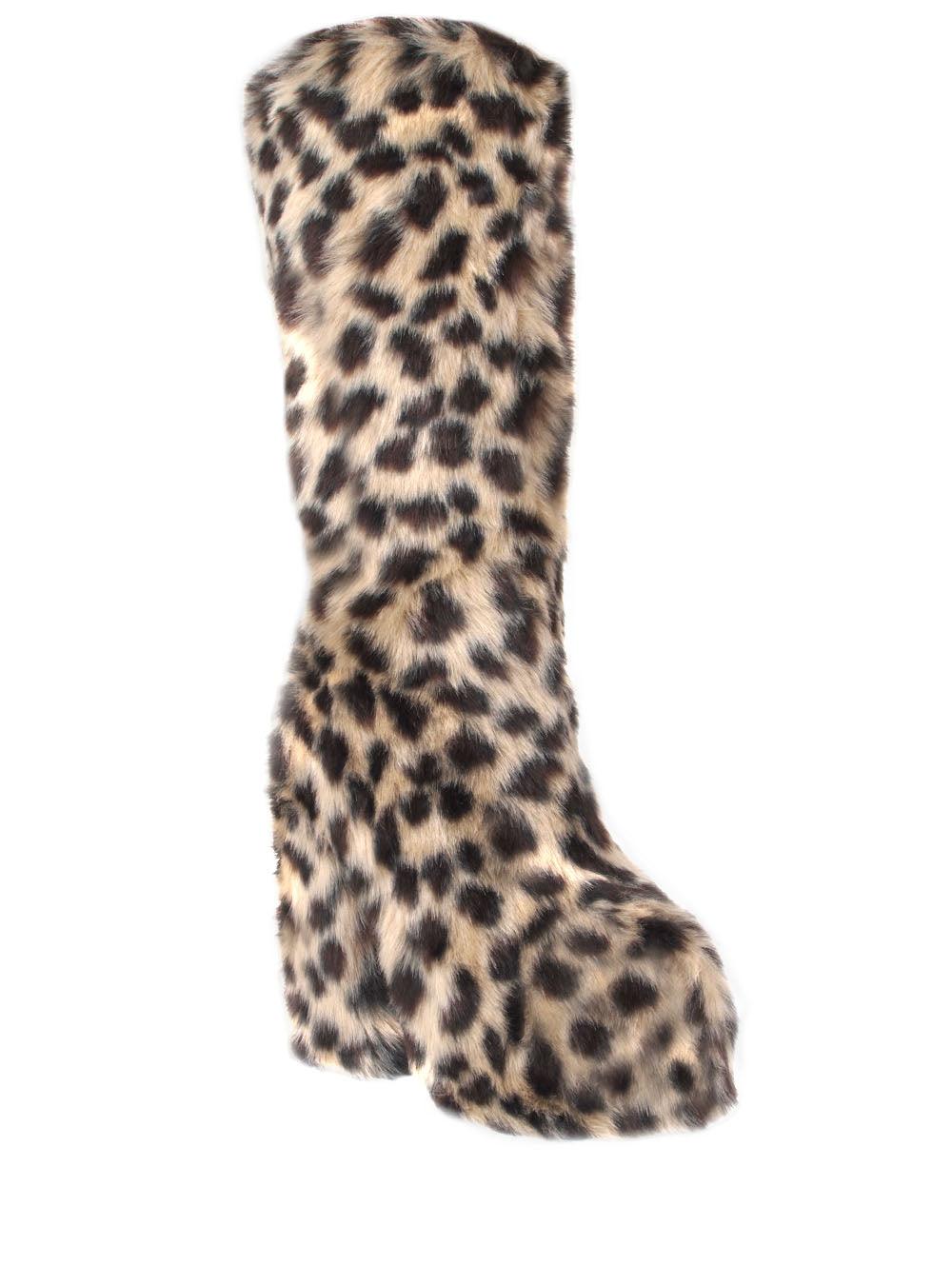 Women's leopard patterned slip-on knee high boots with shearling tips and block heels-corner view