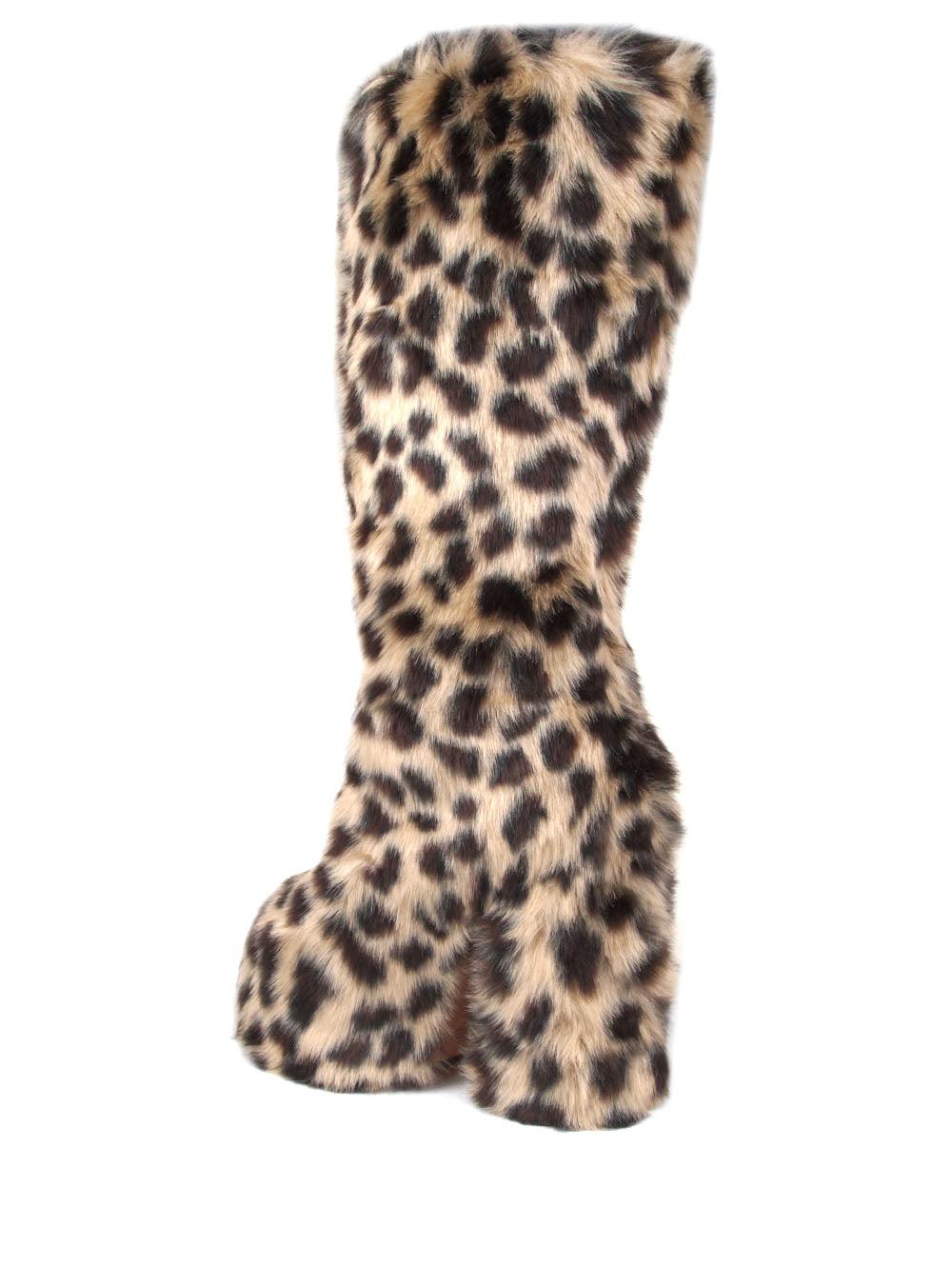 Women's leopard patterned slip-on knee high boots with shearling tips and block heels-posterior view