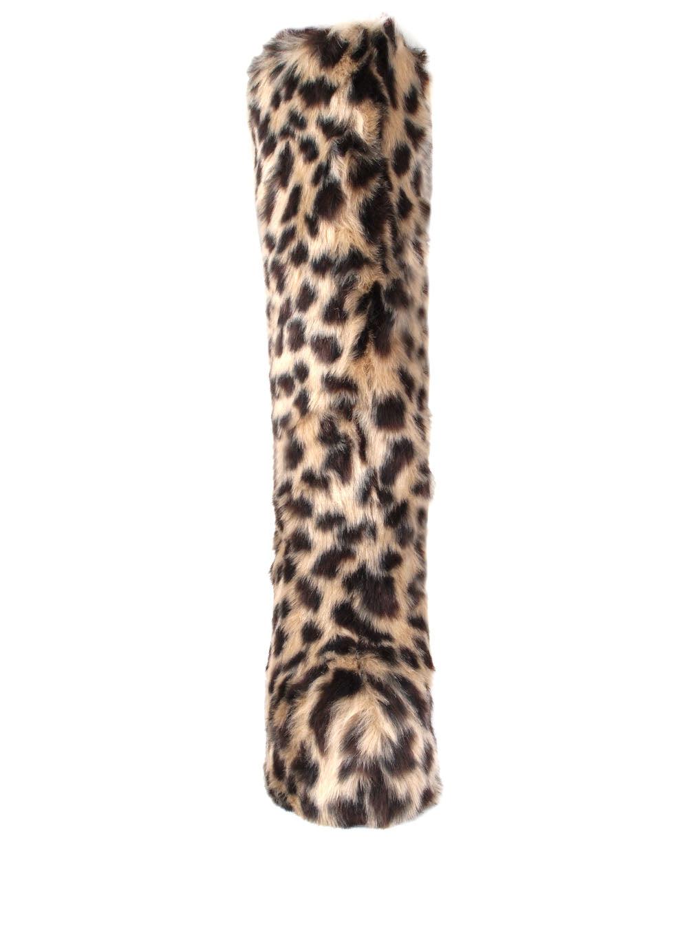 Women's leopard patterned slip-on knee high boots with shearling tips and block heels-front view