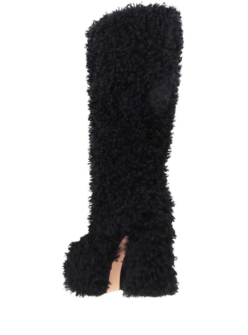 Women's black-colored slip-on knee high boots with shearling top and block heels-posterior view