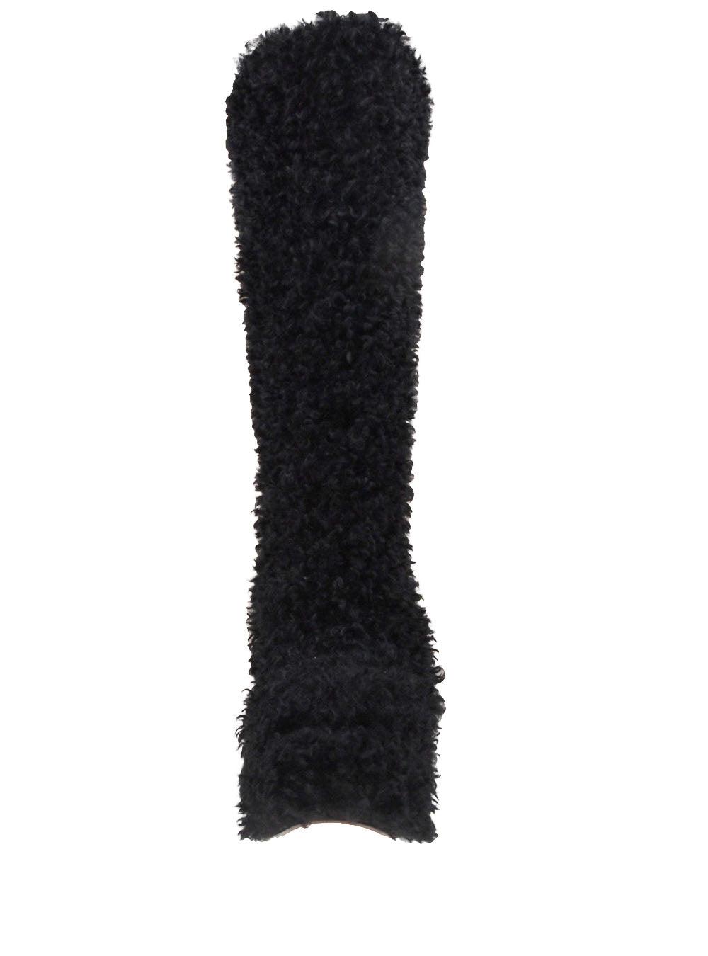 Women's black-colored slip-on knee high boots with shearling top and block heels-front view