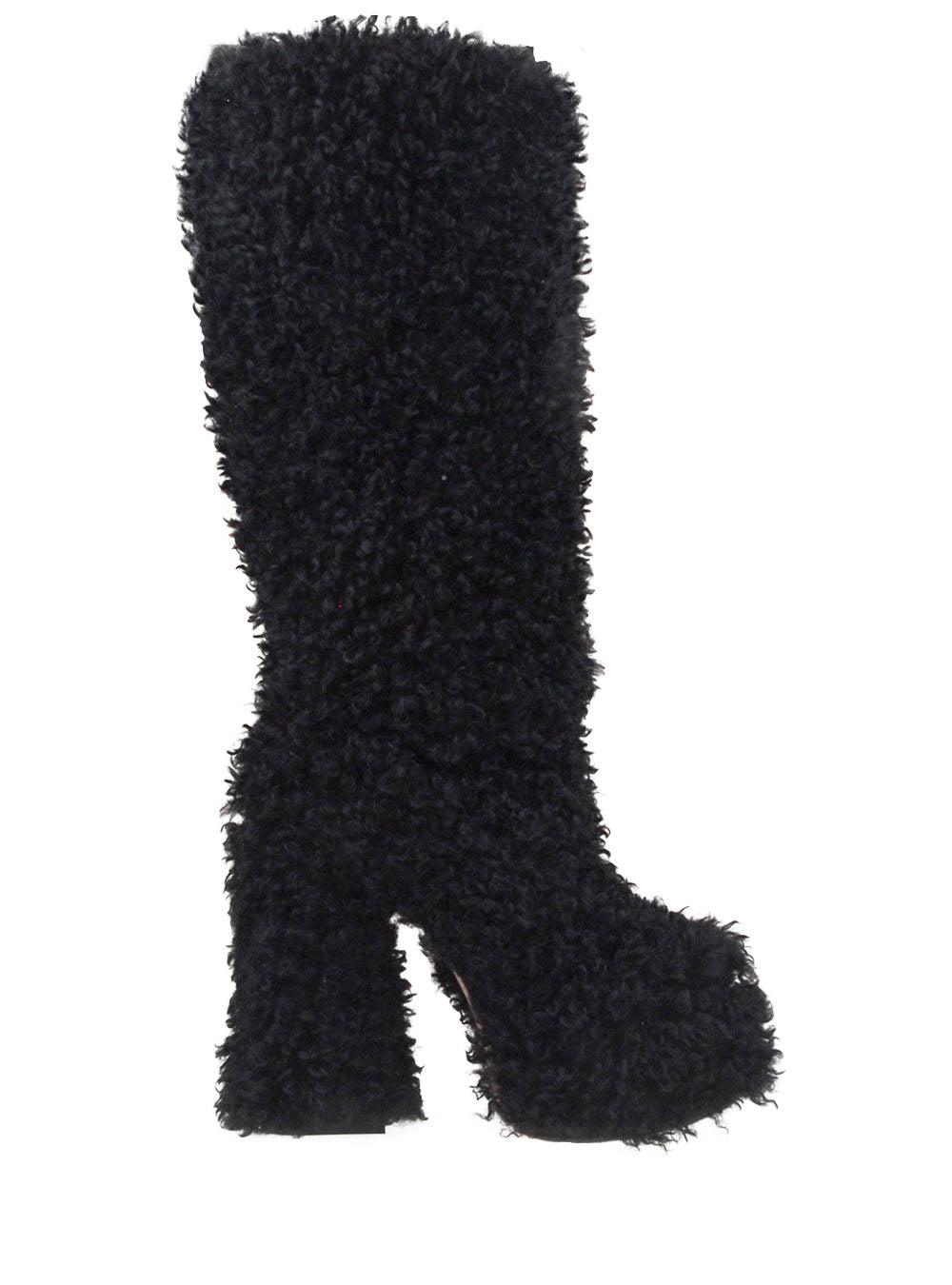 Women's black-colored slip-on knee high boots with shearling top and block heels-side view