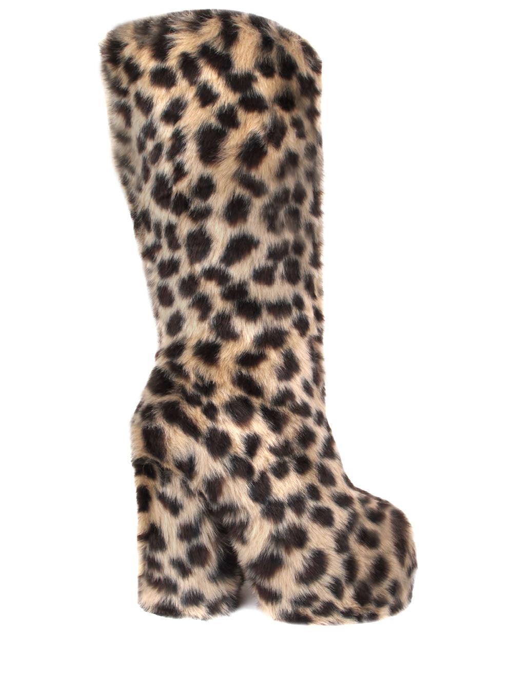 Women's leopard patterned slip-on knee high boots with shearling tips and block heels-side view