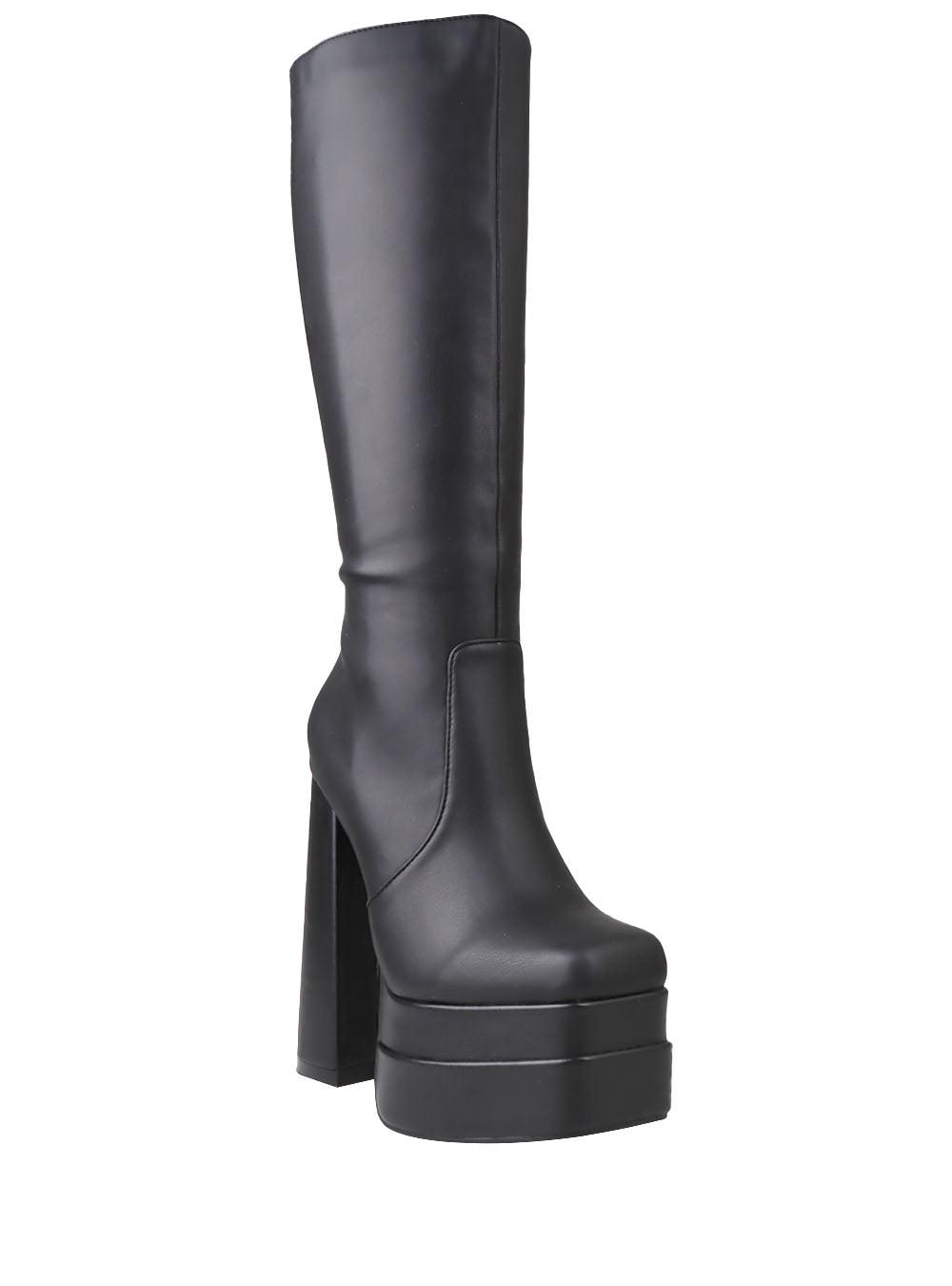 Women's black-colored knee-high boots with blocked heel and side zipper closure-corner view