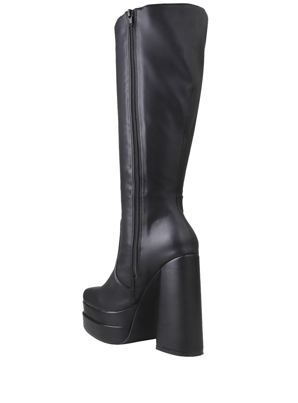 Women's black-colored knee-high boots with blocked heel and side zipper closure-posteriro view