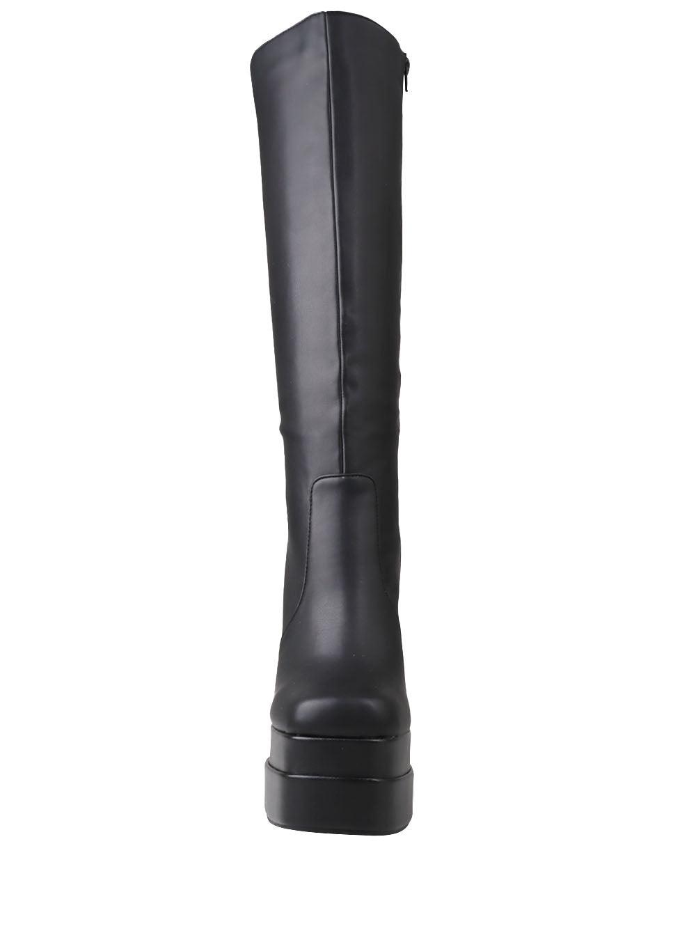 Women's black-colored knee-high boots with blocked heel and side zipper closure-front view