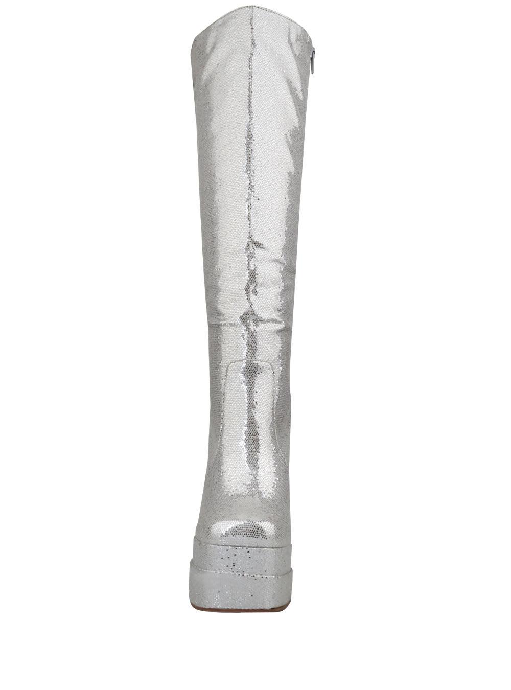 Knee-high shinning silver-colored boots for women with blocked heels and side zipper fastening-front view