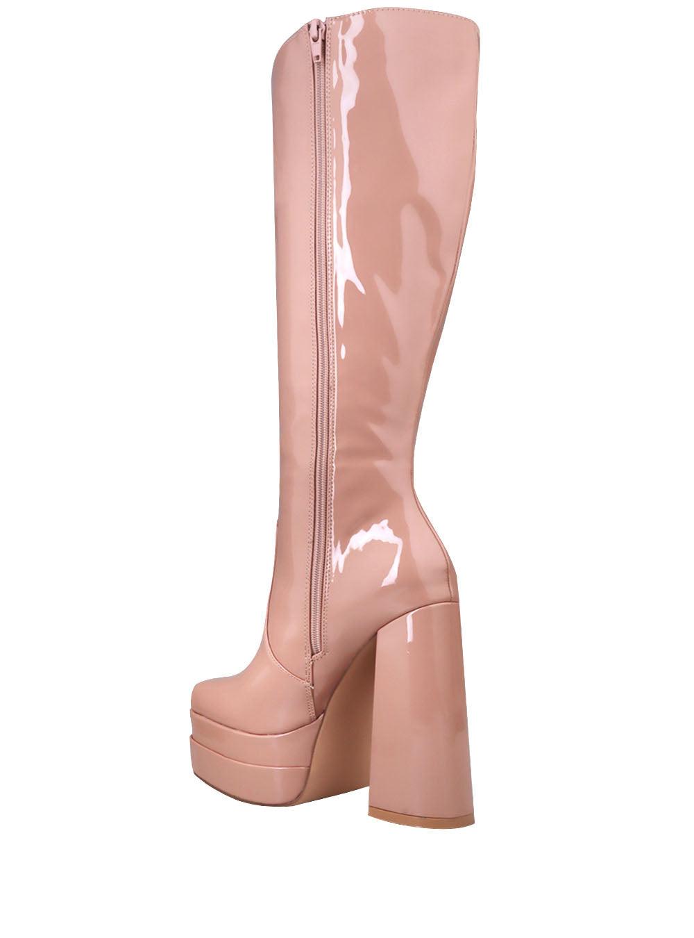 Women's knee-high nude-colored boots with blocked heels and side zipper closure-posterior view