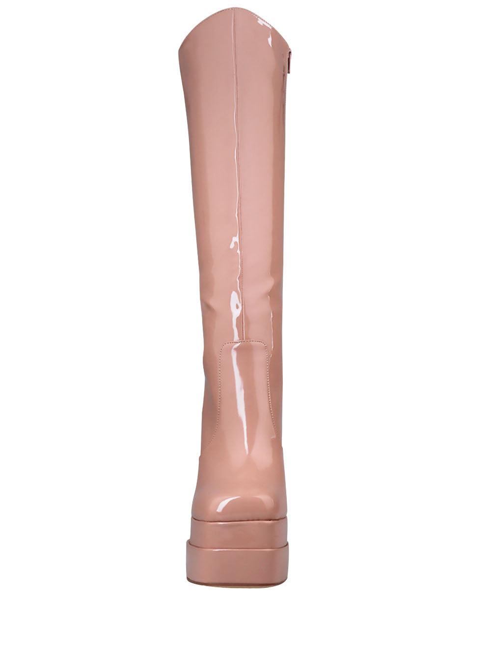 Women's knee-high nude-colored boots with blocked heels and side zipper closure-front view