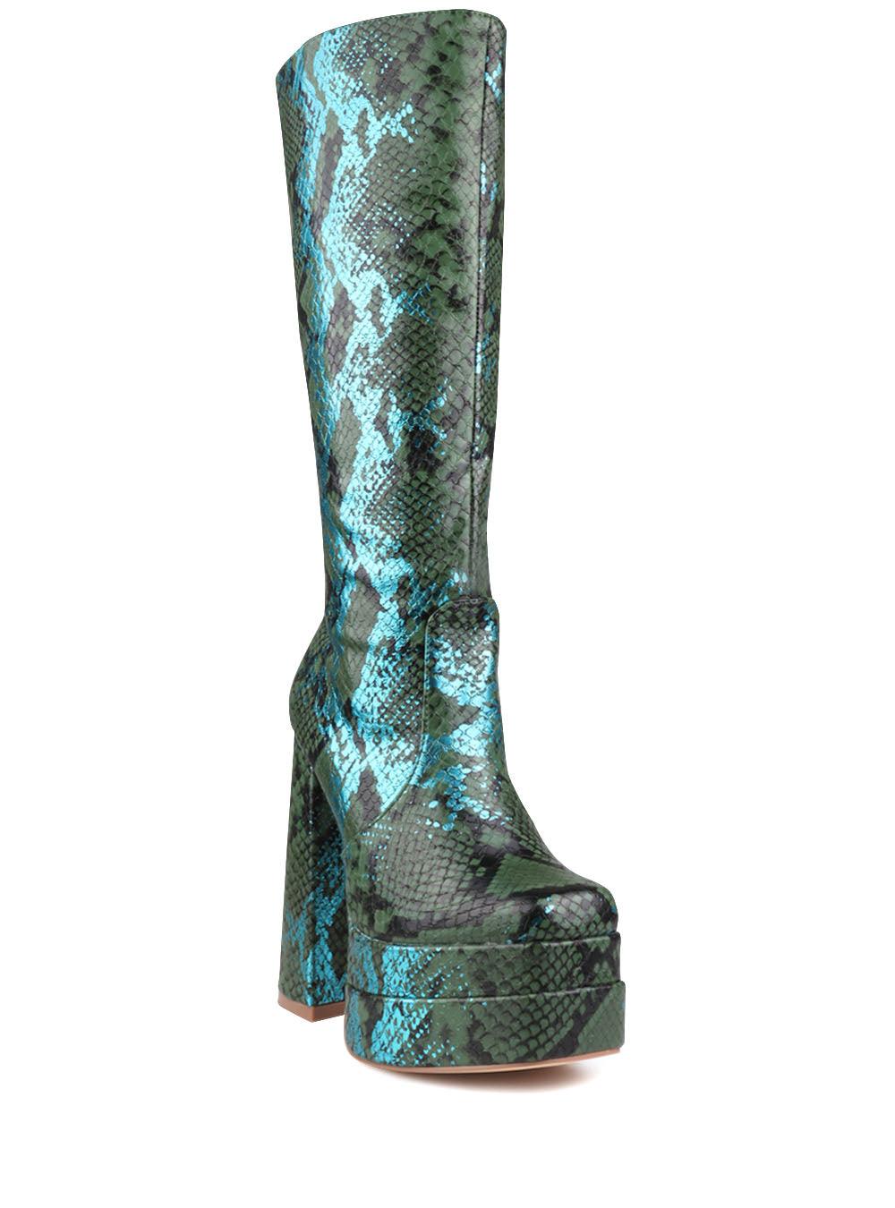 Green-colored women's knee-high block heel boots with snake pattern and side zipper clasp-corner view