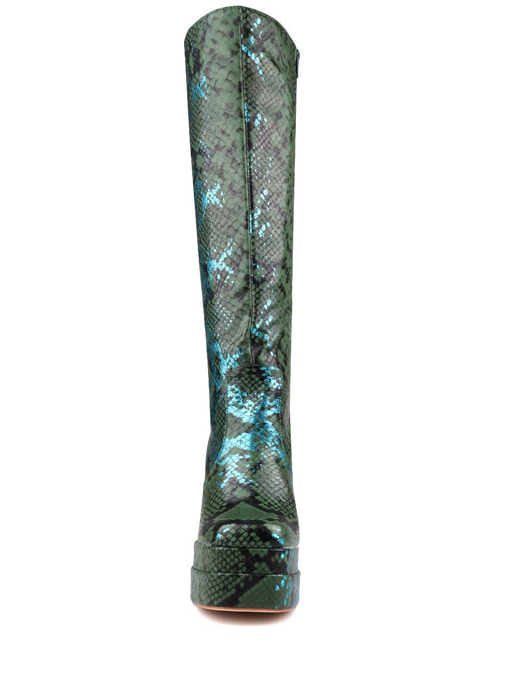 Green-colored women's knee-high block heel boots with snake pattern and side zipper clasp-front view