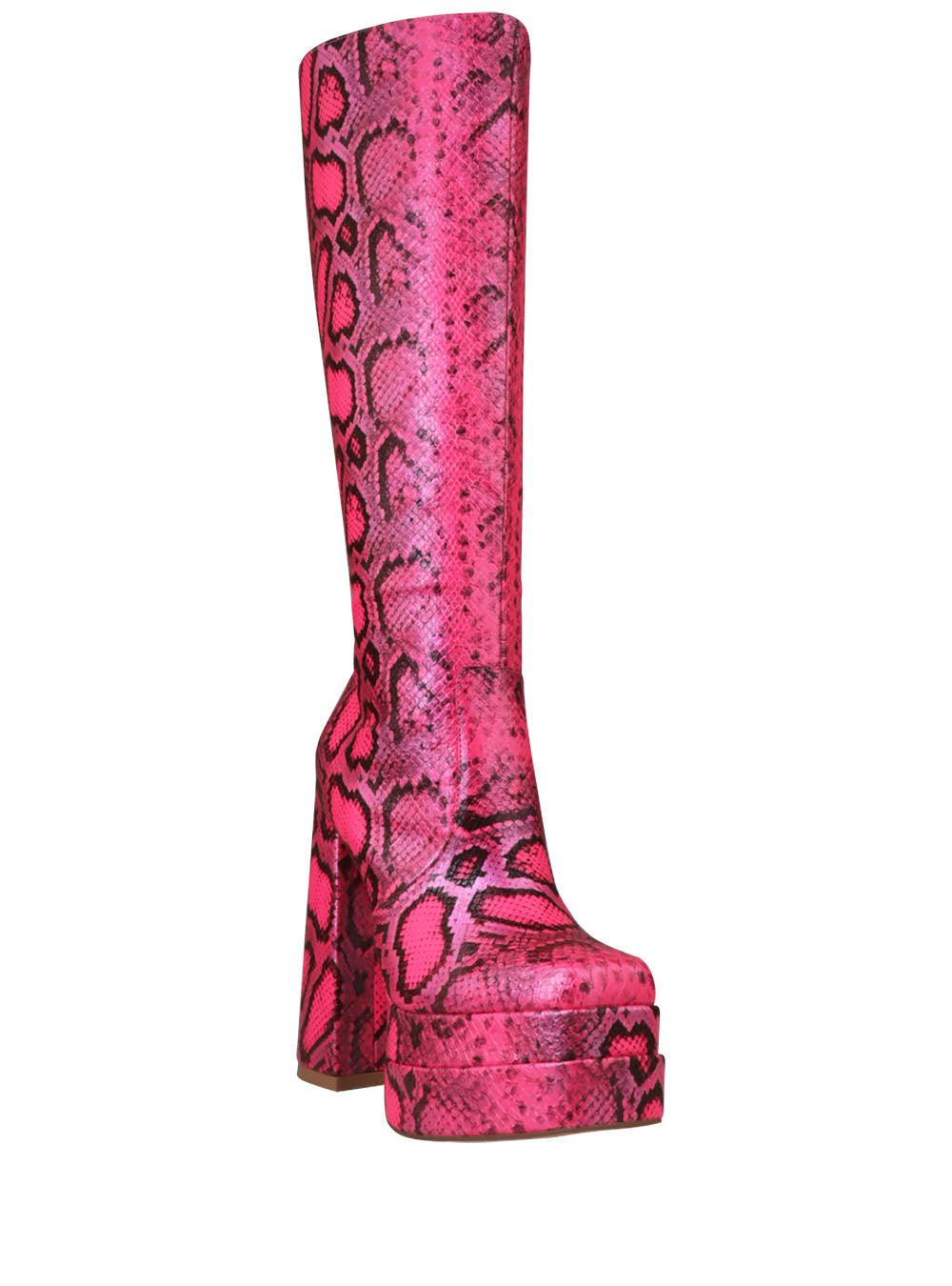 Women's fuchsia-colored knee-high block heel boots with snake design and side zipper closure-corner view