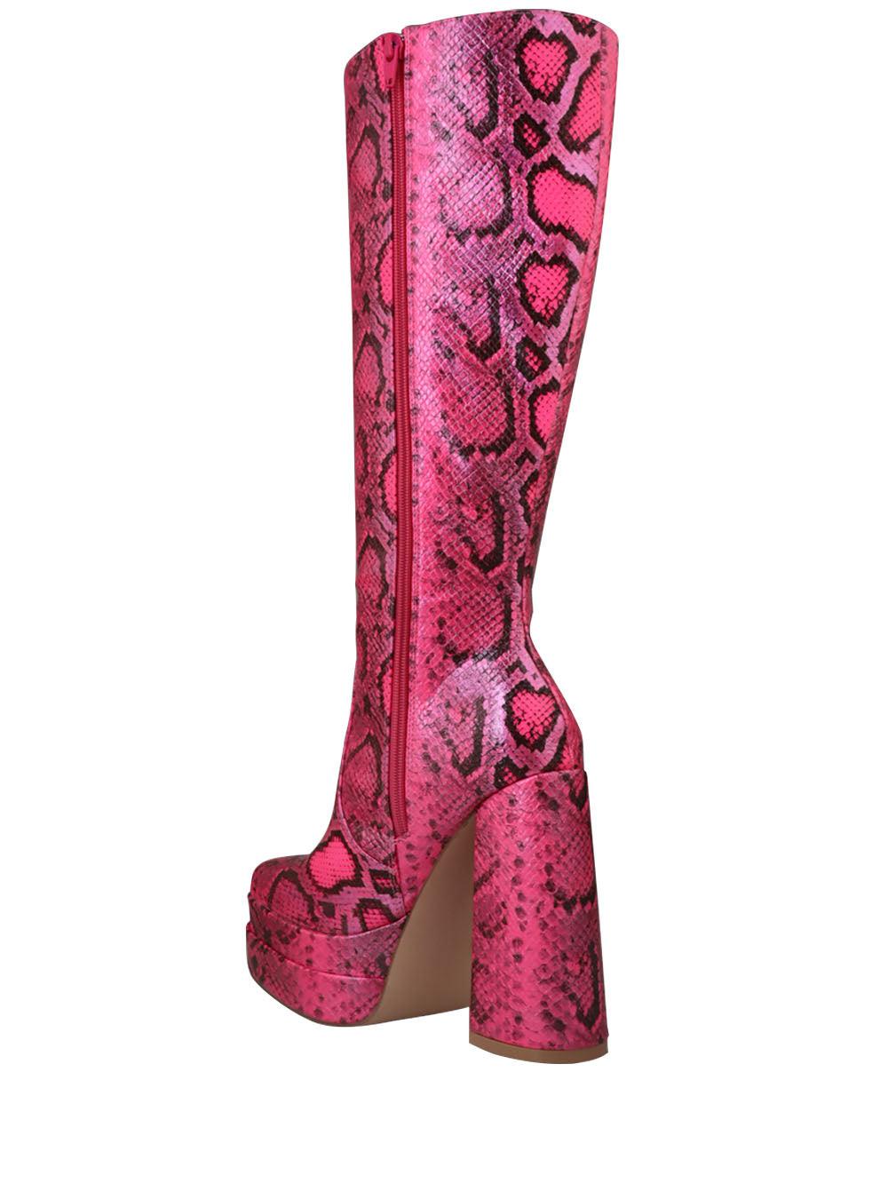 Women's fuchsia-colored knee-high block heel boots with snake design and side zipper closure-posterior view