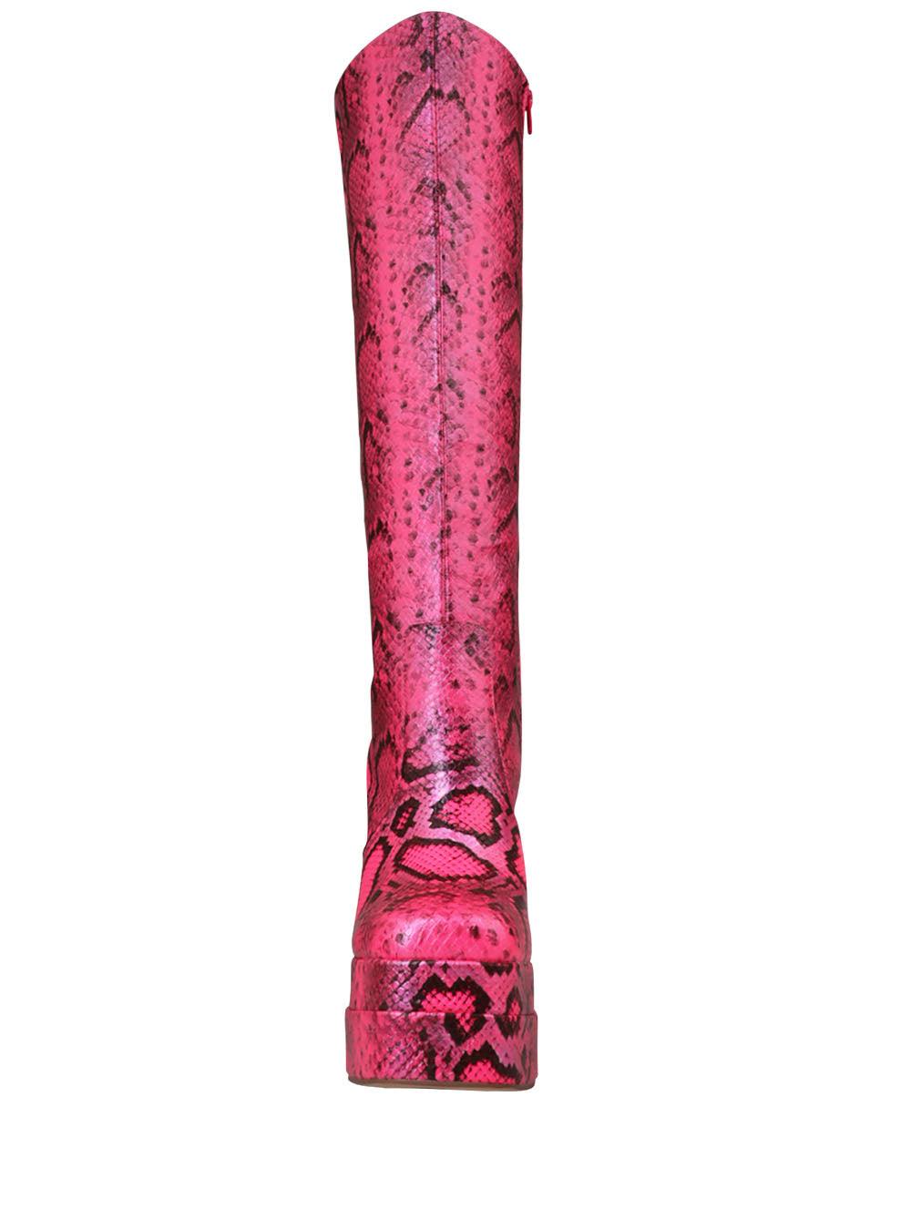 Women's fuchsia-colored knee-high block heel boots with snake design and side zipper closure-front view