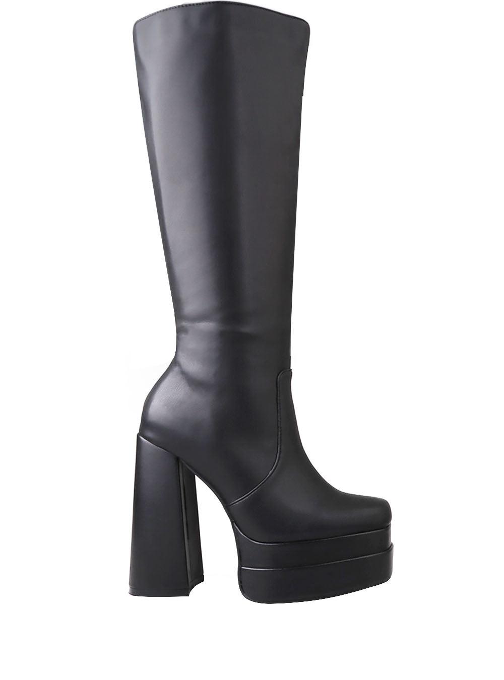 Women's black-colored knee-high boots with blocked heel and side zipper closure-side view