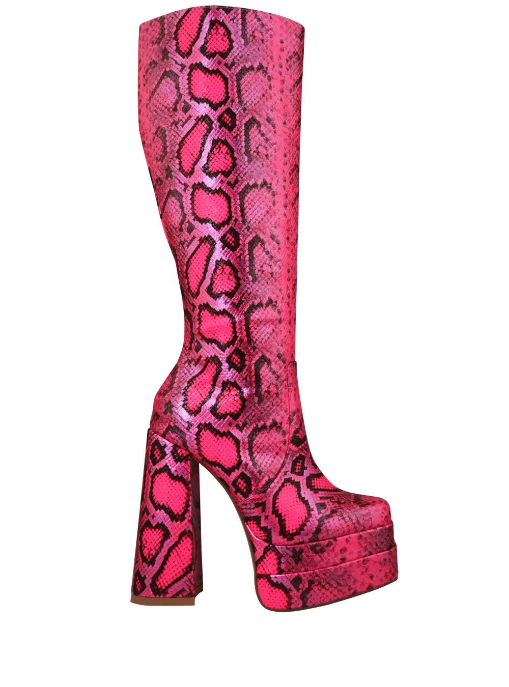 Women's fuchsia-colored knee-high block heel boots with snake design and side zipper closure-side view