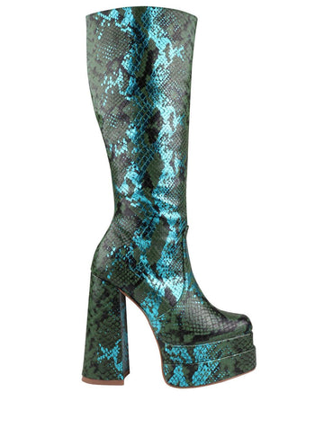 Green-colored women's knee-high block heel boots with snake pattern and side zipper clasp-side view
