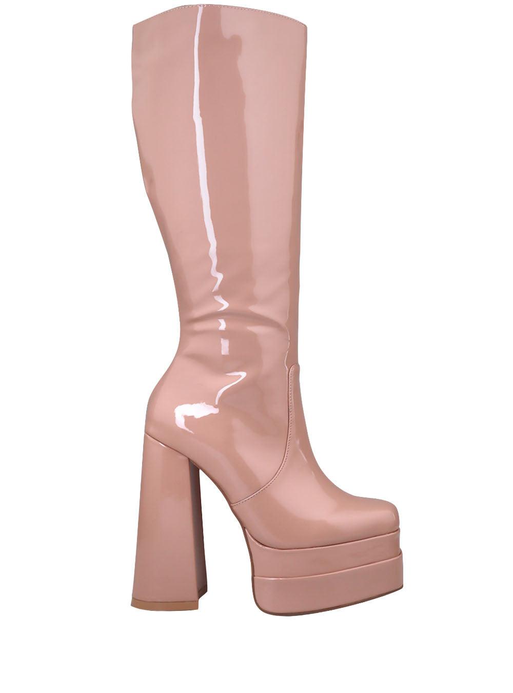 Women's knee-high nude-colored boots with blocked heels and side zipper closure-side view