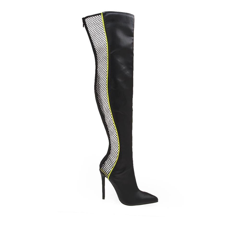 Black-colored pointed-toe fishnet knee-high boots for ladies with a rear zipper fastening.