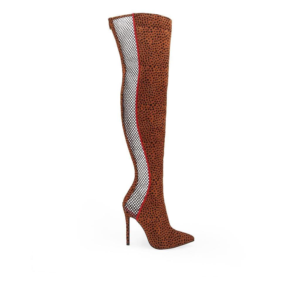 Ladies' cognac-colored pointed-toe fishnet knee-high boots with back zipper closure.