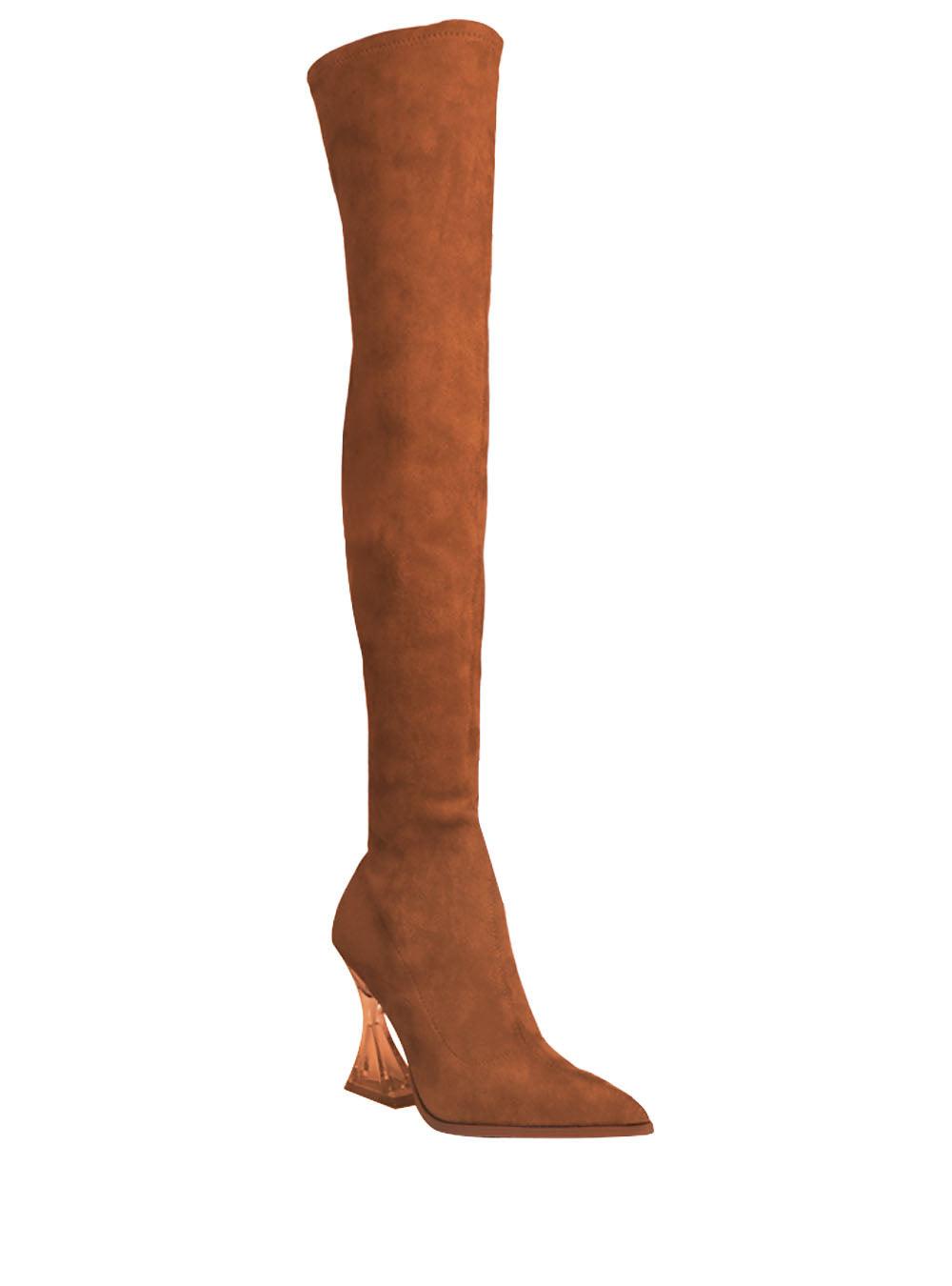 Tan-colored over-the-knee boots with diamond-shaped heels and pointed toe for women-corner view