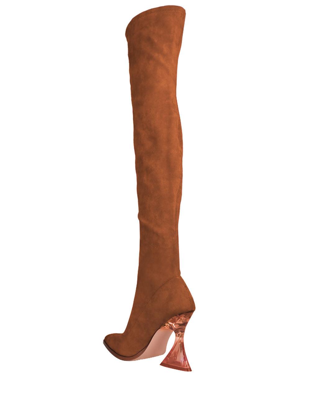 Tan-colored over-the-knee boots with diamond-shaped heels and pointed toe for women-posterior view