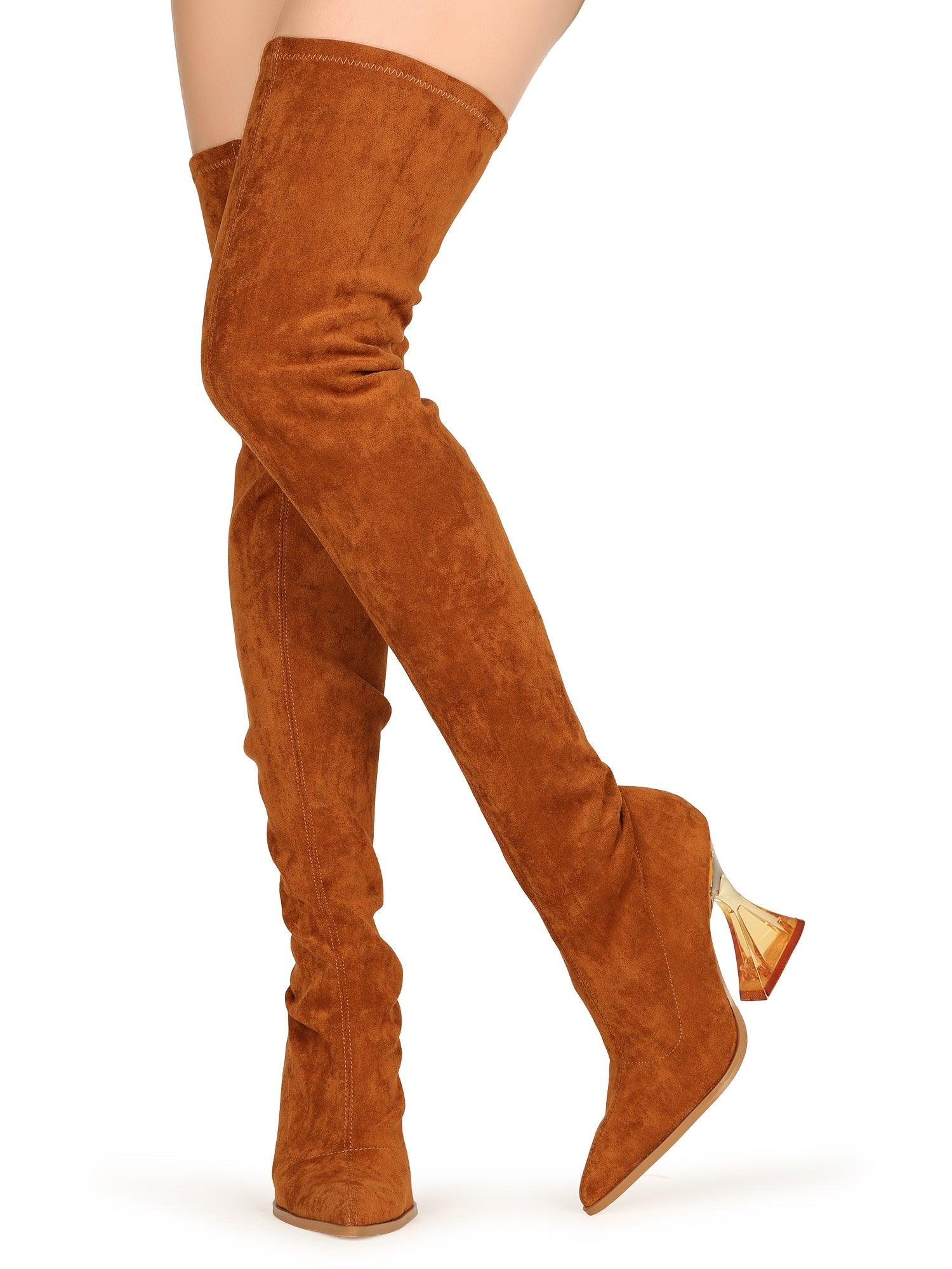 Tan-colored over-the-knee boots with diamond-shaped heels and pointed toe for women