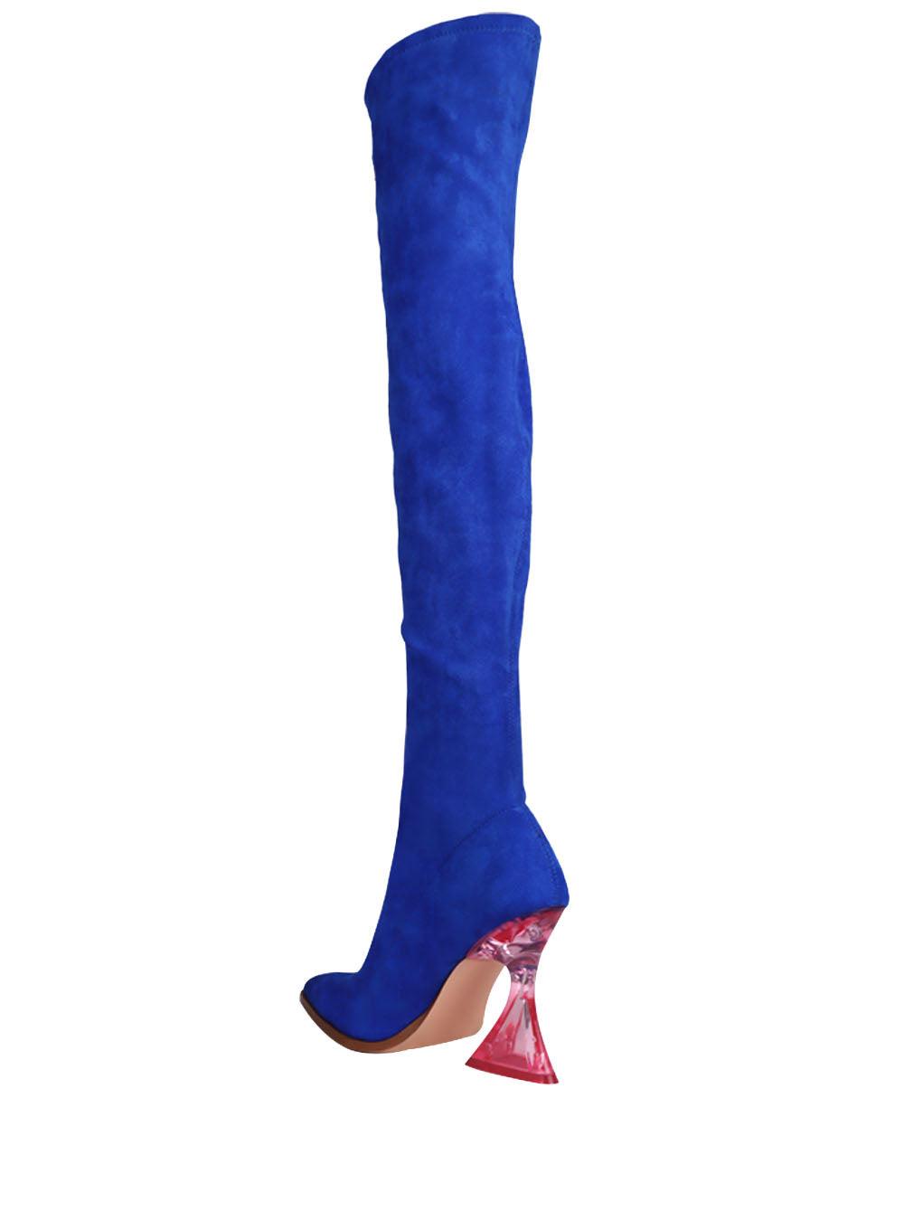 Royal blue-colored over-the-knee boots for ladies with diamond-shaped heels and pointed toe-posterior view