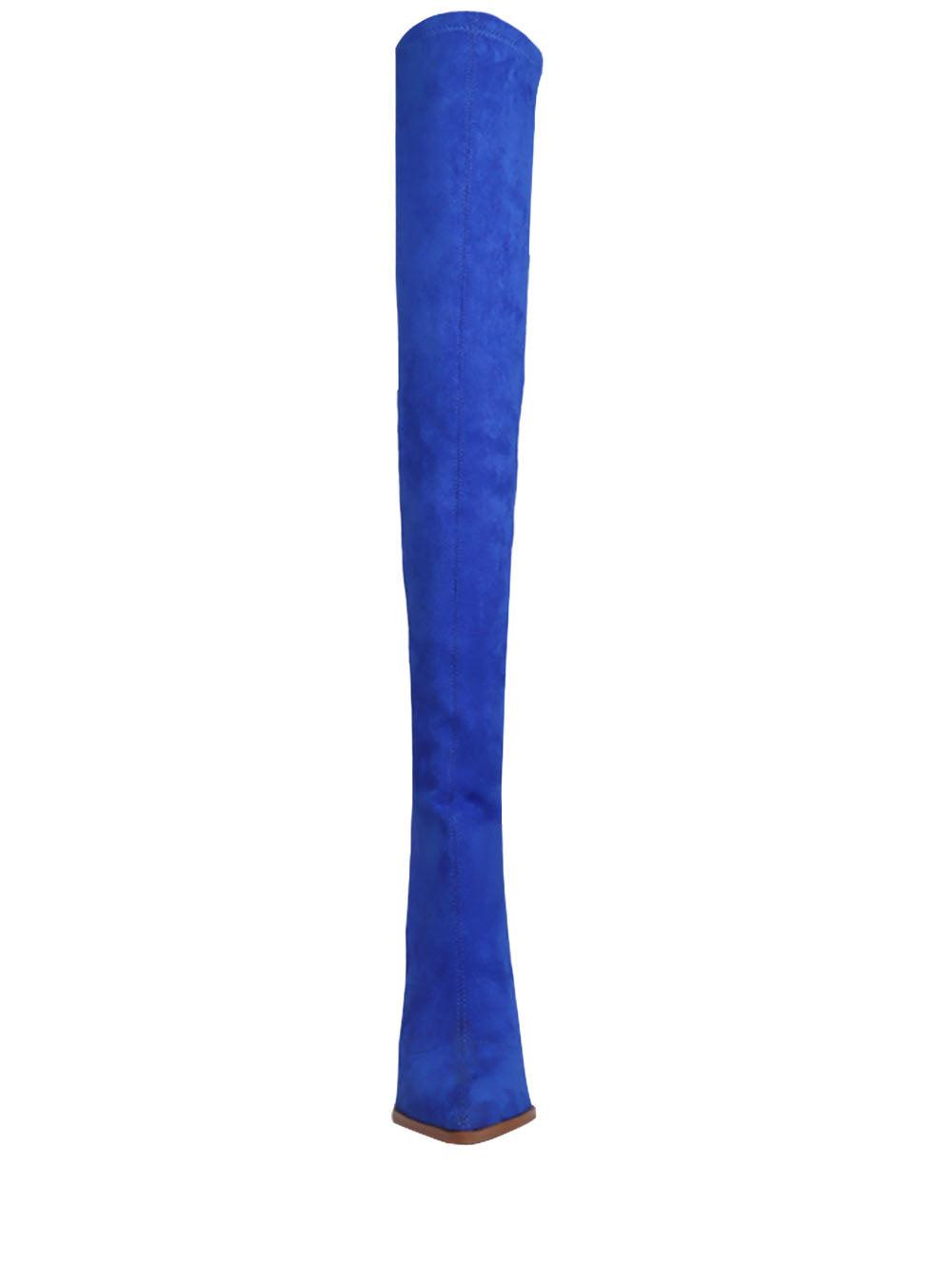 Royal blue-colored over-the-knee boots for ladies with diamond-shaped heels and pointed toe-front view