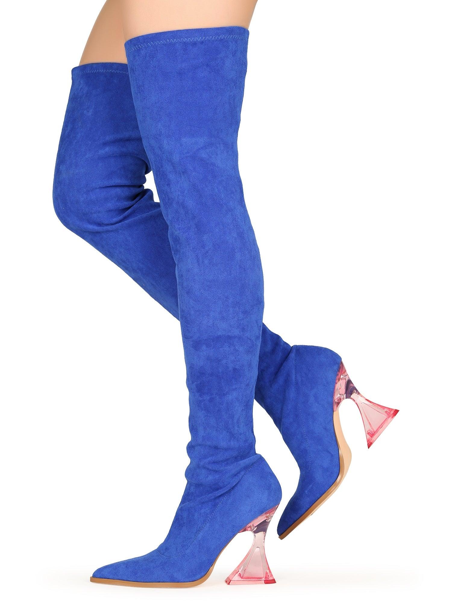 Royal blue-colored over-the-knee boots for ladies with diamond-shaped heels and pointed toe