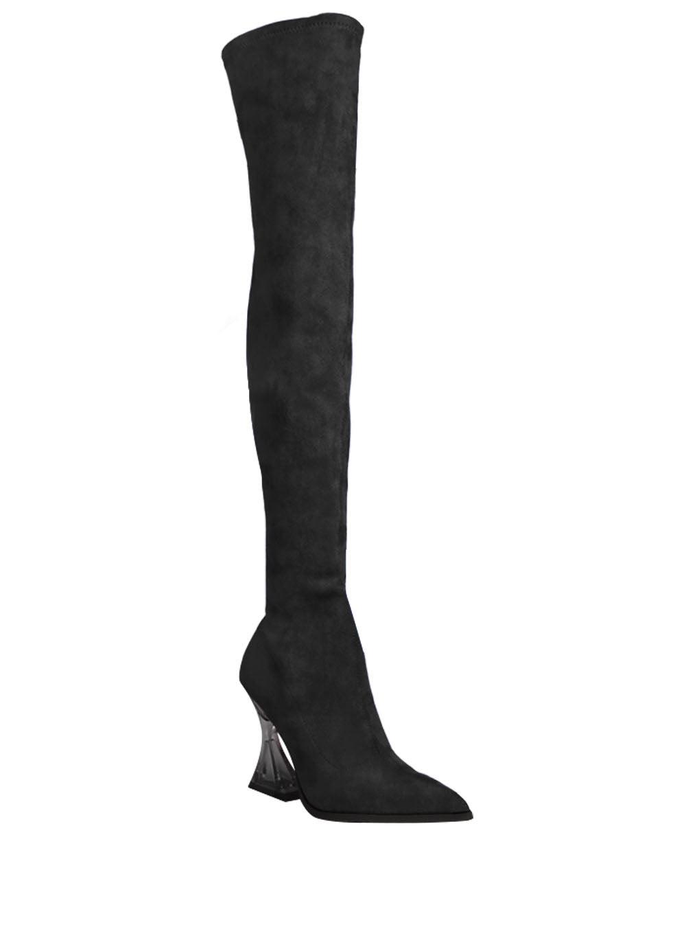 Black-colored women's over the knee boots heels with diamond shaped heels and pointed toe-corner view