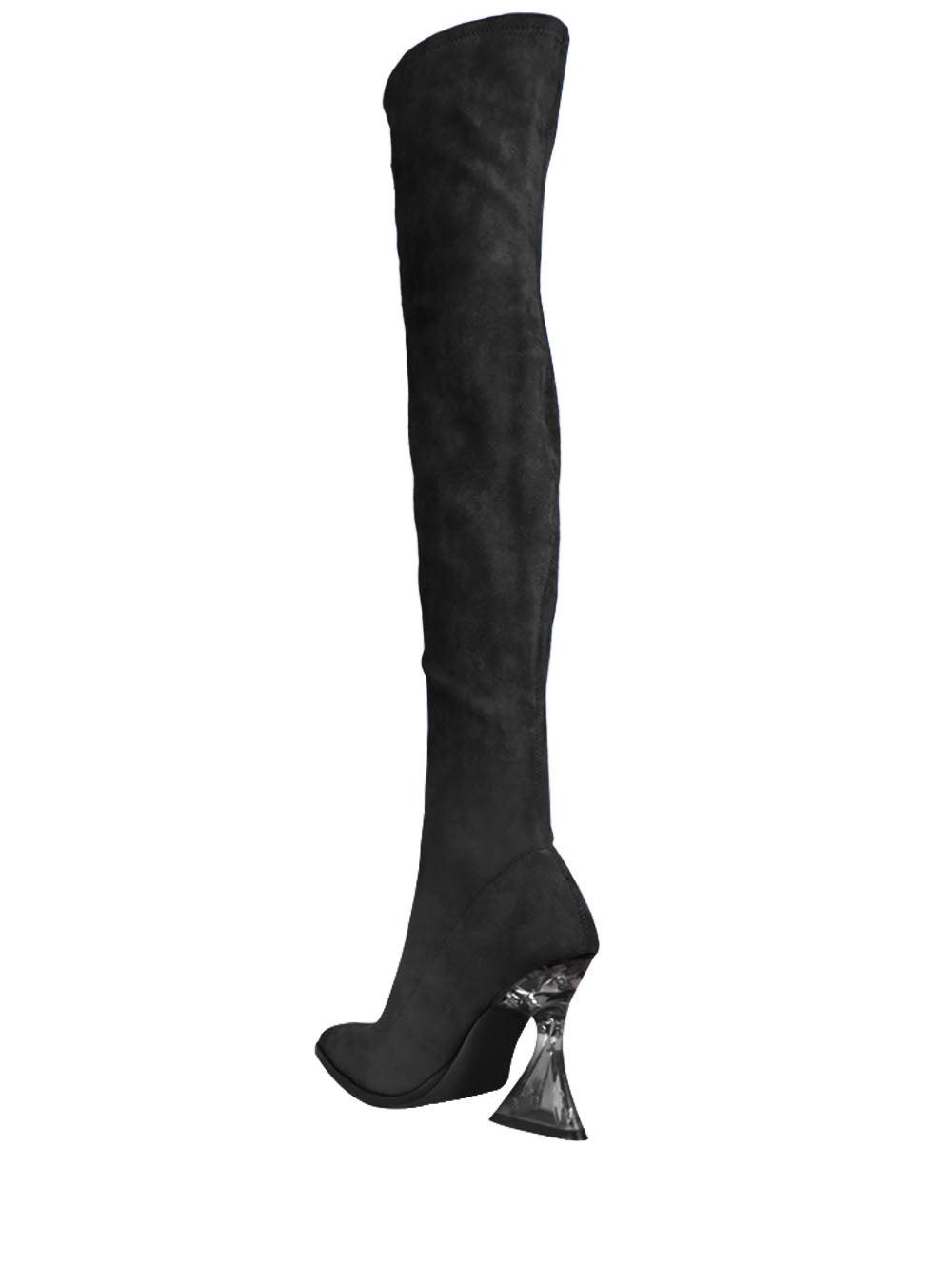 Black-colored women's over the knee boots heels with diamond shaped heels and pointed toe-posterior view