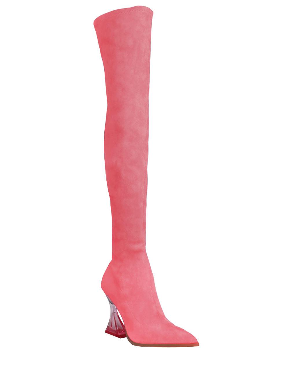 Women's over-the-knee boots heels in pink-color with diamond-shaped heels and pointed toe-corner view