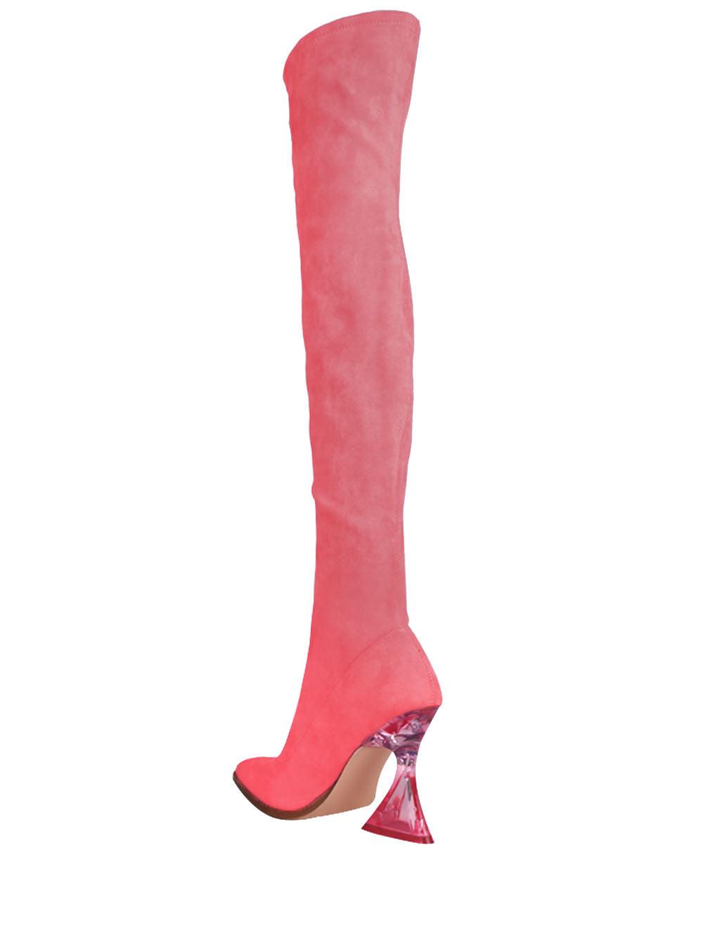 Women's over-the-knee boots heels in pink-color with diamond-shaped heels and pointed toe-posterior view