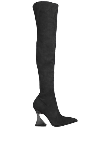 Black-colored women's over the knee boots heels with diamond shaped heels and pointed toe-side view