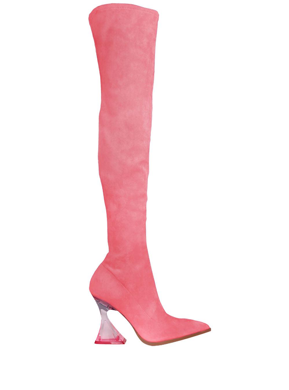 Women's over-the-knee boots heels in pink-color with diamond-shaped heels and pointed toe-side view