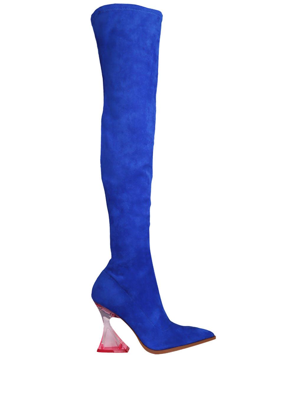 Royal blue-colored over-the-knee boots for ladies with diamond-shaped heels and pointed toe-side view