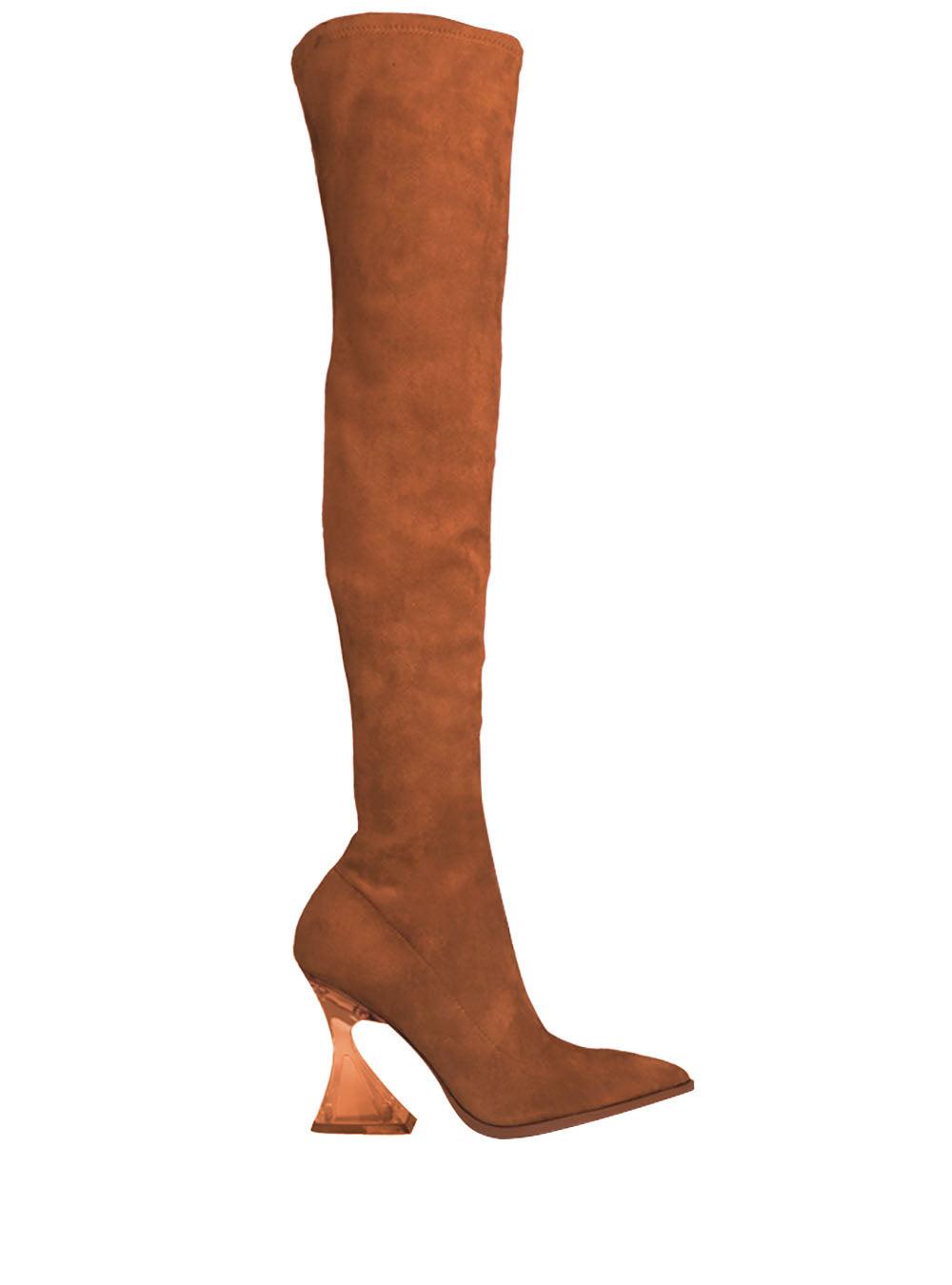 Tan-colored over-the-knee boots with diamond-shaped heels and pointed toe for women-side view